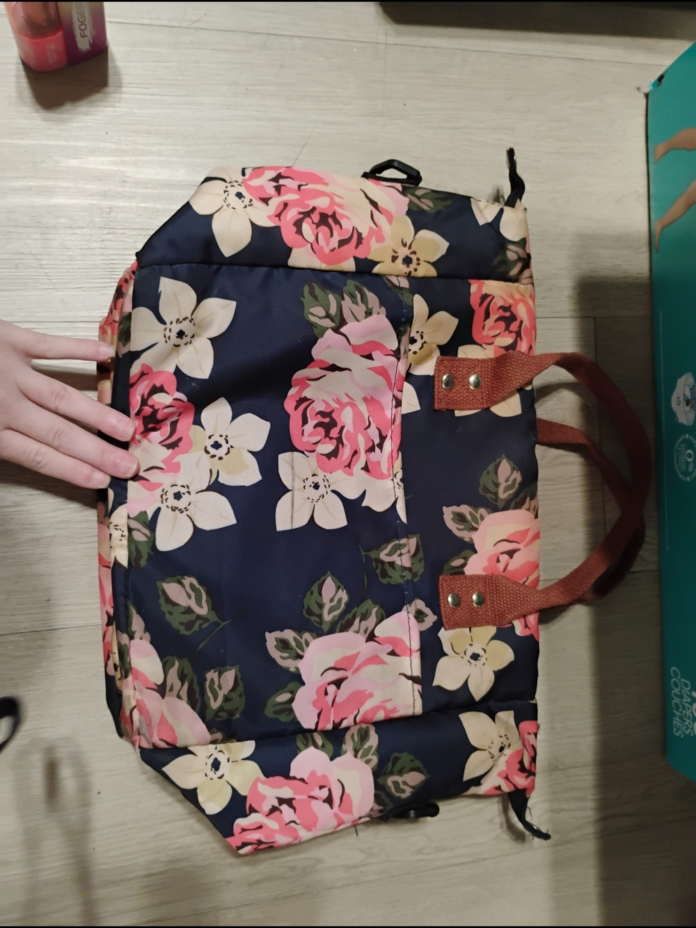 Floral Navy Travel Tote Bag with Brown Handles - Picture 2 of 3